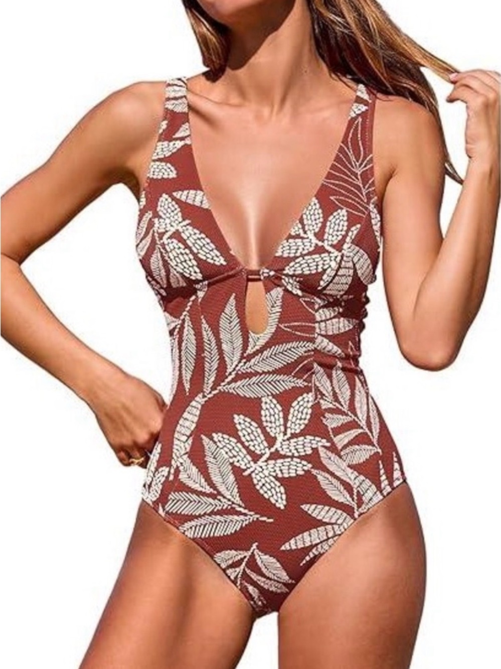 Cupshe Brown Leaf-Print One-Piece Swimsuit with White Pattern
